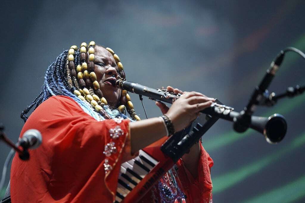 A musician playing an instrument in front of a microphone on stage