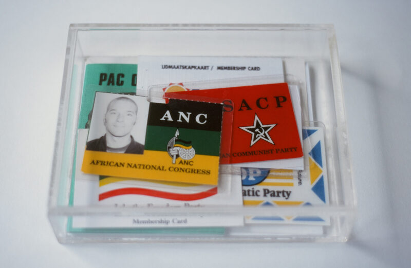 Kendell Geers Untitled (ANC, AVF, AWB, CP, DP, IFP, NP, PAC, SACP), 1993-94 Performance: Political Part Membership Cards Kendell Geers Studio, Brussels