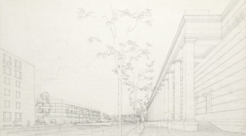 Staatliches Bauamt München I, studie Prinzregentenstraße, Altstadtring, view to the West with facade of Haus der Kunst, proposal with side staircase, 1966, Haus der Kunst, Historical Archive, photo Wilfried Petzi