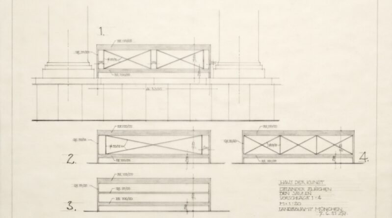 Staatliches Bauamt München I, railing between the pillars, Juni 1951, Haus der Kunst, Historical Archive, photo Wilfried Petzi