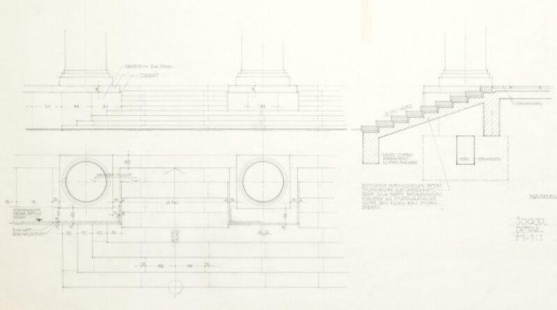 Staatliches Bauamt München I, Treppe am Portikus, Stufen- und Sockelausbildung, Mai 1970, Haus der Kunst, Historisches Archiv, Foto Wilfried Petzi
