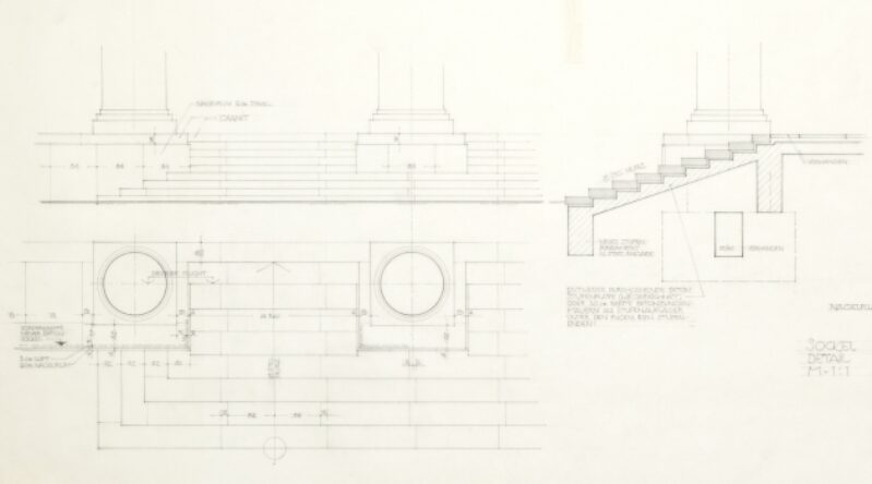 Staatliches Bauamt München I, staircase and porticus, design stairs and base, May 1970, Haus der Kunst, Historical Archive, photo Wilfried Petzi