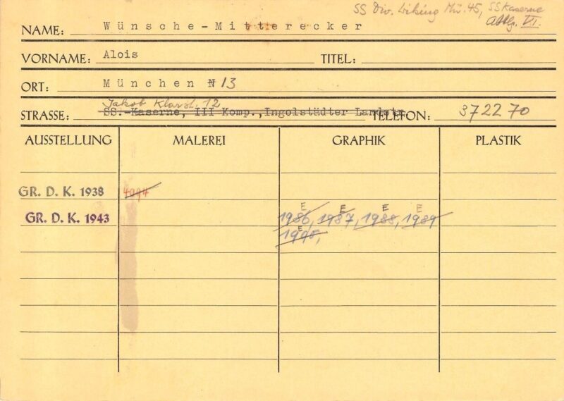 Alois Wünsche-Mitterecker’s index card (Haus der Kunst, Historical Archive, HdDK 36/6)