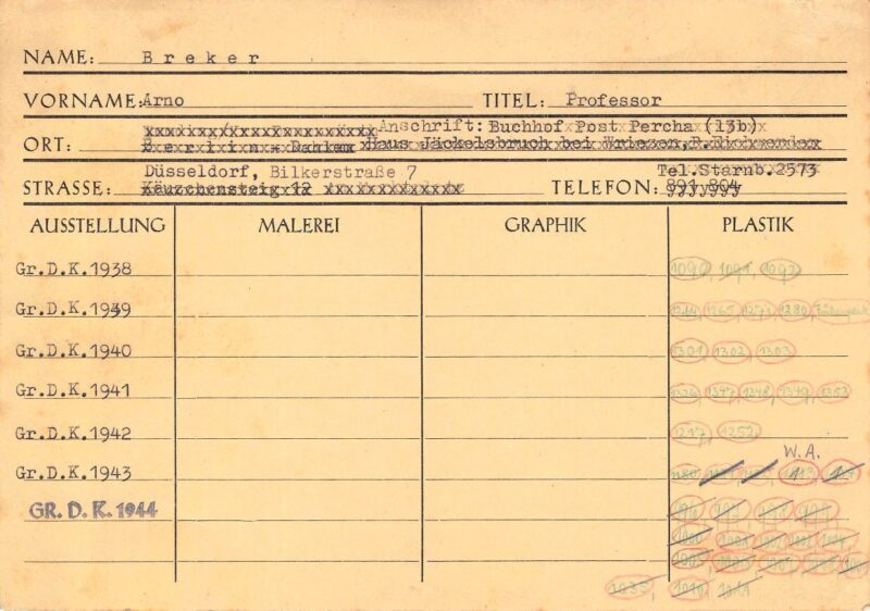 Arno Breker’s index card (Haus der Kunst, Historical Archive, HdDK 37/1)
