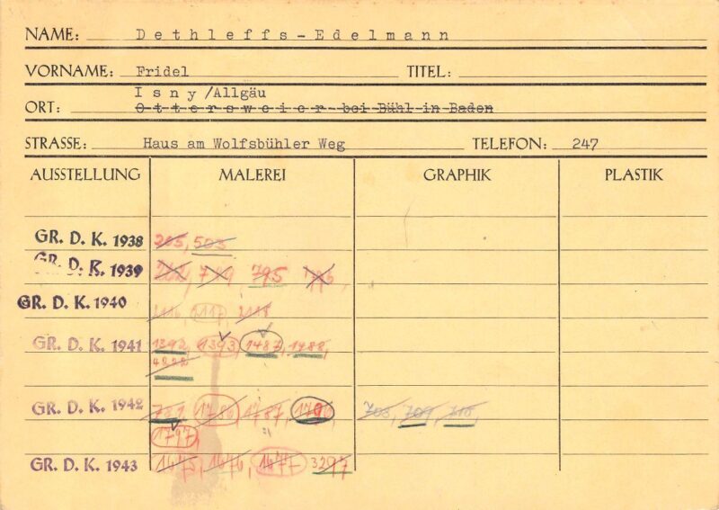 Fridel Dethleffs-Edelmann’s index card Part 1 (Haus der Kunst, Historical Archive, HdDK 37/1)