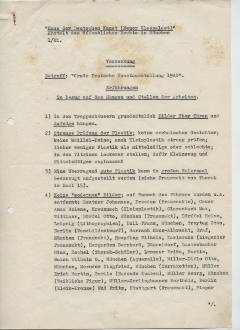 Typoskript „Erfahrungen in Bezug auf das Hängen und Stellen von Arbeiten in der Großen Deutschen Kunstausstellung“, 23. Juli 1940 © Haus der Kunst, Historisches Archiv, HdDK 35