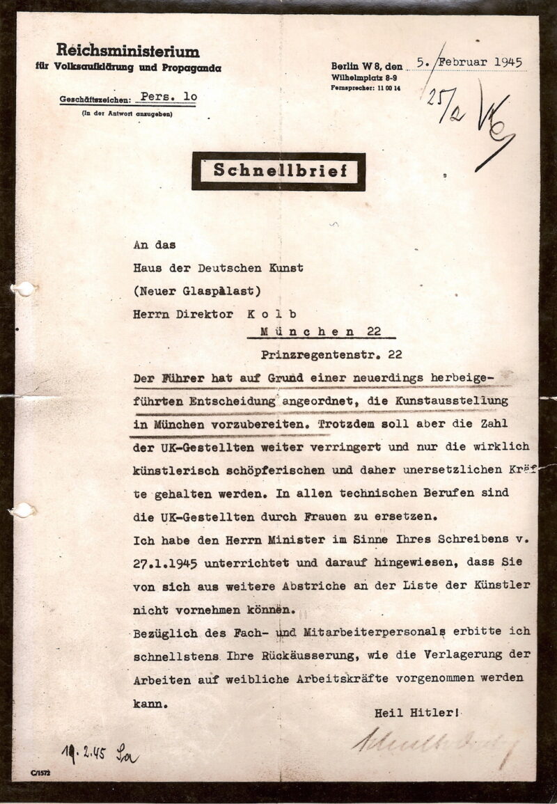 Schnellbrief des Reichsministeriums für Volksaufklärung und Propaganda an das Haus der Deutschen Kunst, 5. Februar 1945 © Haus der Kunst, Historisches Archiv, HdDK 50