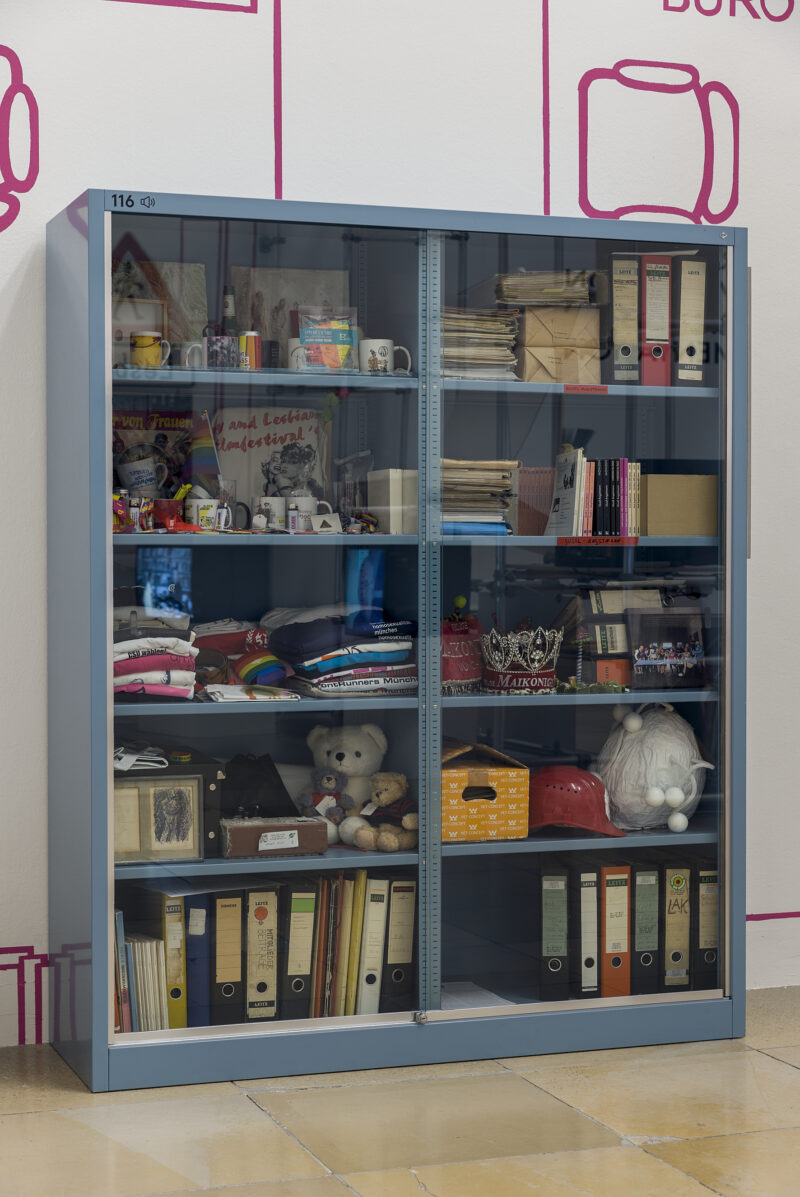 Exhibition view with the tin cabinet from the Lesbian Archive, Archiv Galerie, Haus der Kunst, 2021, Photo Maximilian Geuter