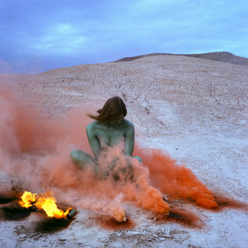 Judy Chicago Immolation IV from the Women and Smoke Series © Judy Chicago, 1972 Flares Performed with Faith Wilding in the California desert Photo courtesy of Through the Flower housed at the Penn State University Archives