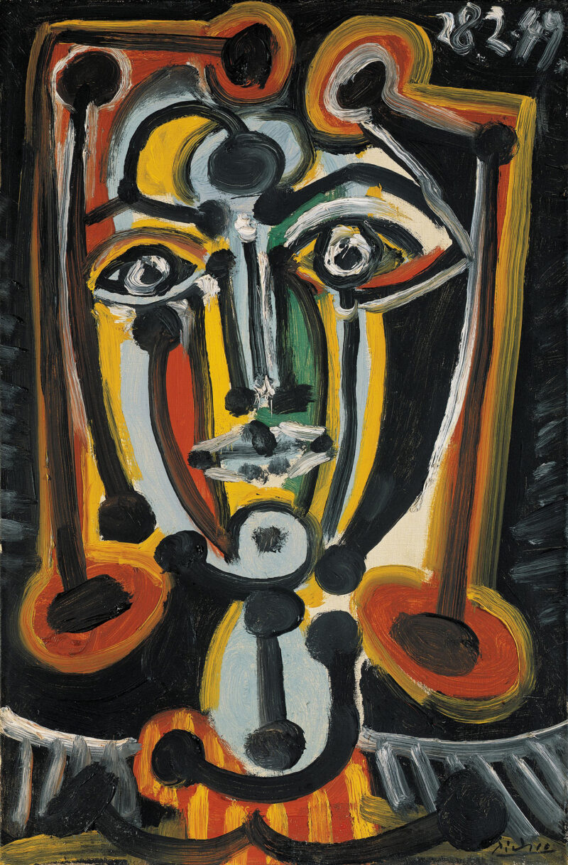 Pablo Picasso Frauenkopf (Kopf einer Frau) 1949, Öl auf Leinwand, 40,6 x 26,4 cm Kunsthalle Bremen – Der Kunstverein Bremen © Succession Picasso / VG Bild-Kunst, Bonn 2012 ausgestellt: Haus der Kunst / Pablo Picasso 1955