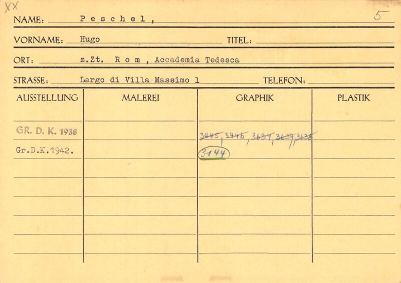 Hugo Peschel’s index card (Haus der Kunst, Historical Archive, HdDK 36/4)