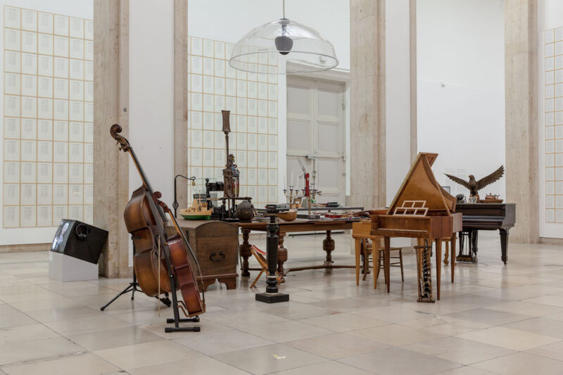 Hanne Darboven, Music Room, in the background Contrabass Solo, Opus 45, 1998-2000, installation view, Haus der Kunst, 2015, photo Maximilian Geuter © Hanne Darboven Stiftung, Hamburg / VG Bild-Kunst, Bonn 2015