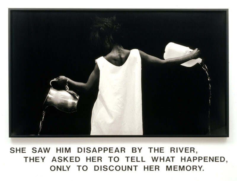Lorna Simpson Waterbearer, 1986 Gelatin silver print, vinyl lettering 59 x 80 x 2 ½ in overall. Courtesy the artist; Salon 94, New York; and Galerie Nathalie Obadia, Paris / Brussels © Lorna Simpson