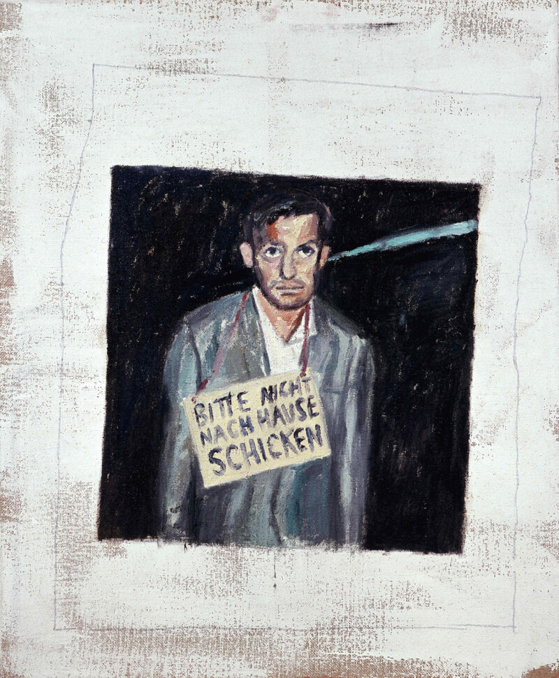 Martin Kippenberger: Bitte nicht nach Hause schicken, 1983. Öl auf Leinwand, 120 x 100 cm Privatsammlung © Estate of Martin Kippenberger, Galerie Gisela Capitain, Cologne