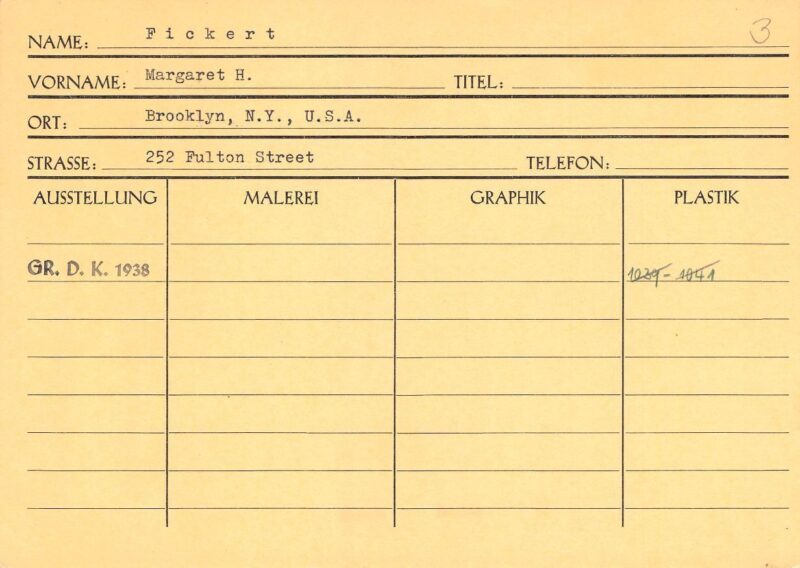 Margaret H. Fickert’s index card (Haus der Kunst, Historical Archive, HdDK 36/2)