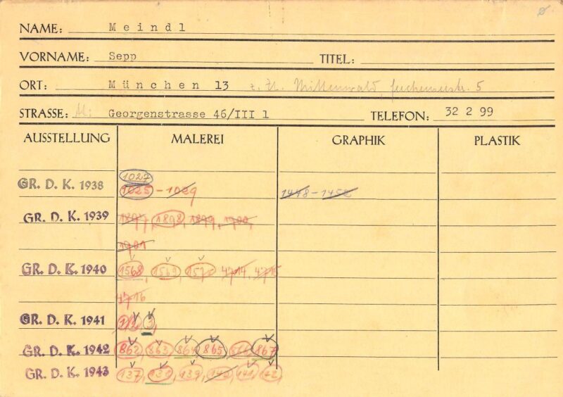 Sepp Meindl’s index card (Haus der Kunst, Historical Archive, HdDK 37/2)