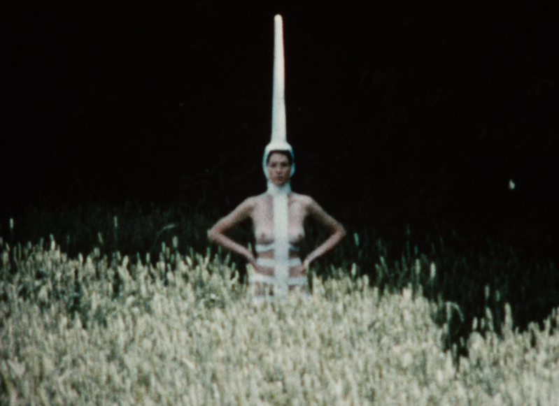 Eine Frau steht nackt in einem Kornfeld und trägt ein riesiges Horn auf dem Kopf.
