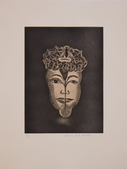 Eine schwarz- weiße Zeichung von einem Gesicht.