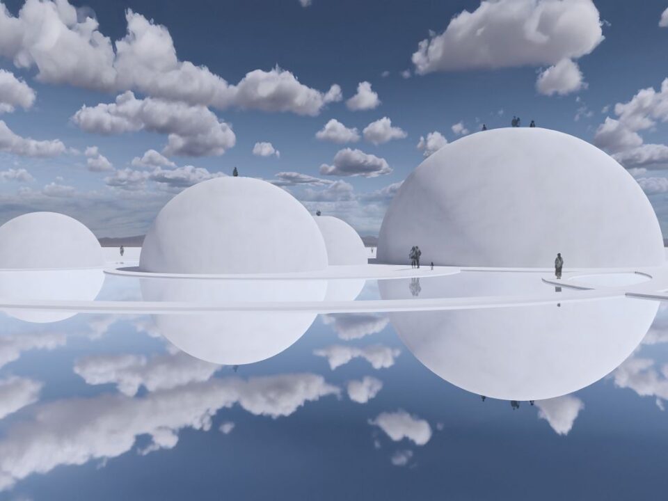 Vor einem wolkigen Hintergrund befinden sich große weiße Kugeln.