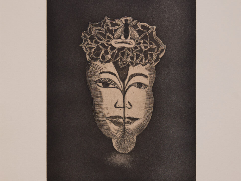 Eine schwarz- weiße Zeichung von einem Gesicht.